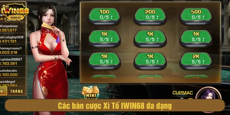 Các bàn cược Xì Tố IWIN68 đa dạng