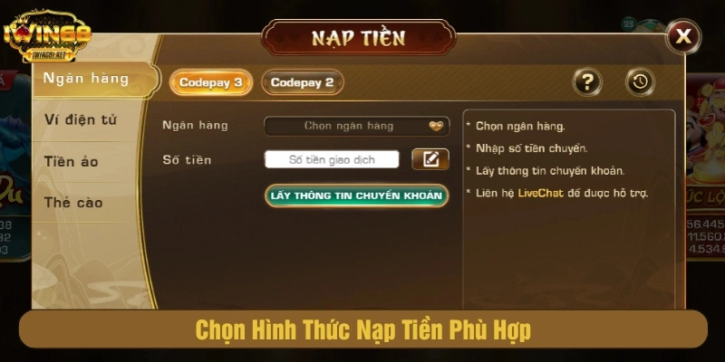 Lựa chọn phương thức nạp tiền